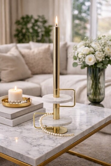 Kerzenständer Marmor Gold 28,5 cm weiß   Fucata