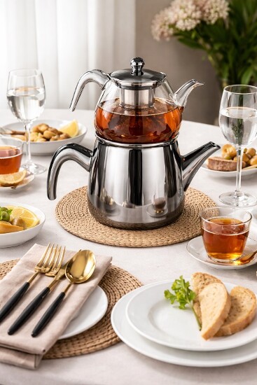 Doppel-Edelstahl-Glass Teekanne 1500/ 900ml induction, Serie Nisa
